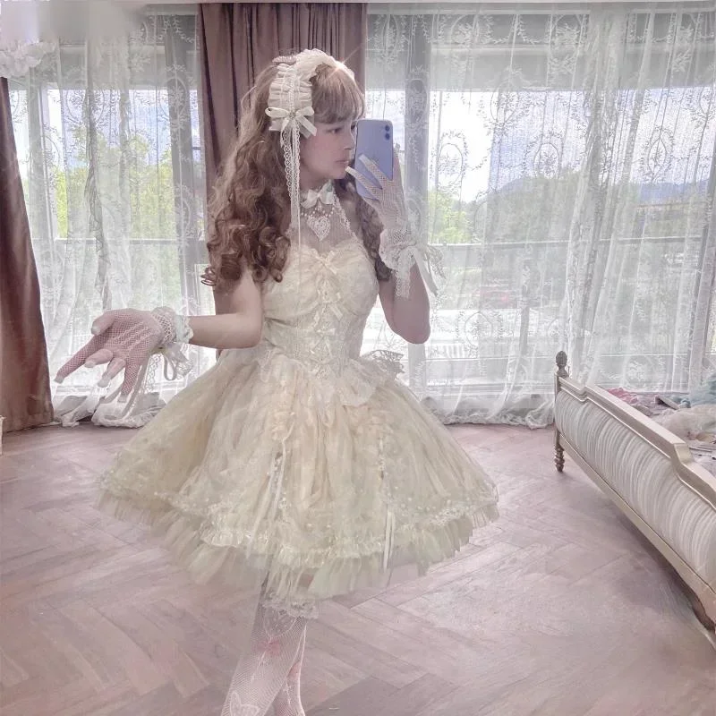ขนมญี่ปุ่น Lolita JSK ชุด Kawaii ผู้หญิง VINTAGE Elegant ลูกไม้ตาข่ายเจ้าหญิงชุดสายรัด Harajuku Lolita ยุโรปเสื้อผ้า