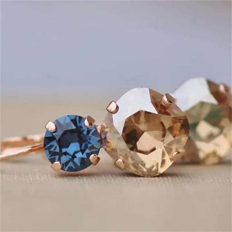 Exquisite Women Fashion Earrings Gold Color Round Inlaid Blue Champagne Stone Dangle Earrings for Women