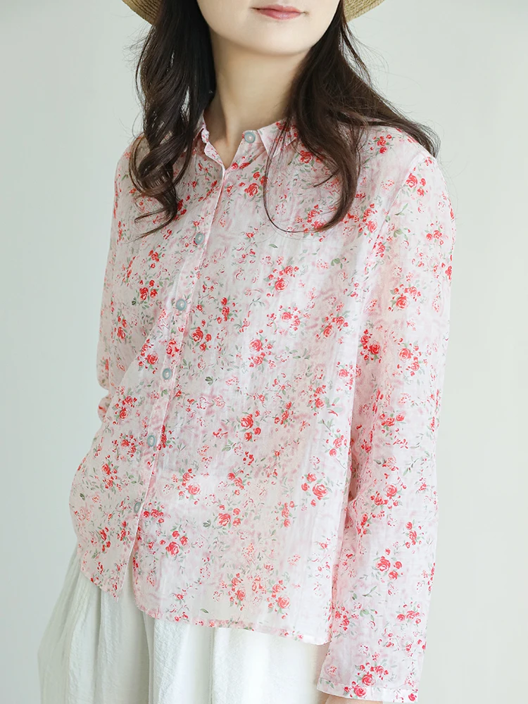 

Spring 2025 New Style Women's Collar Shirt Lightweight Loose Fit Long Sleeve Silk Cotton Blend Pink Color Anti-Aging