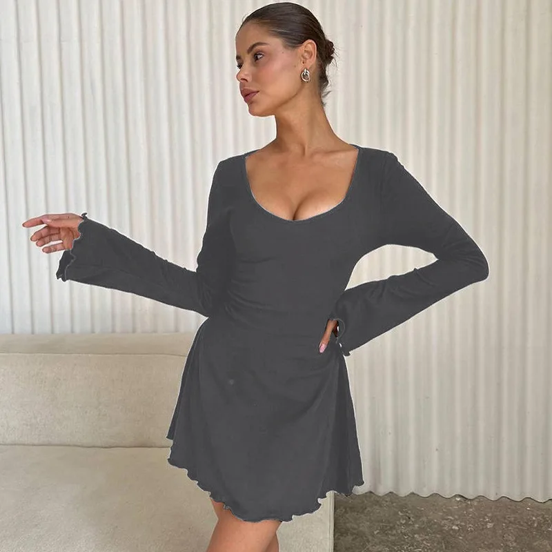 

Grey Long Sleeved Dress with Back Strap and U-neck Sexy Dress Fashionable and Slim Fit