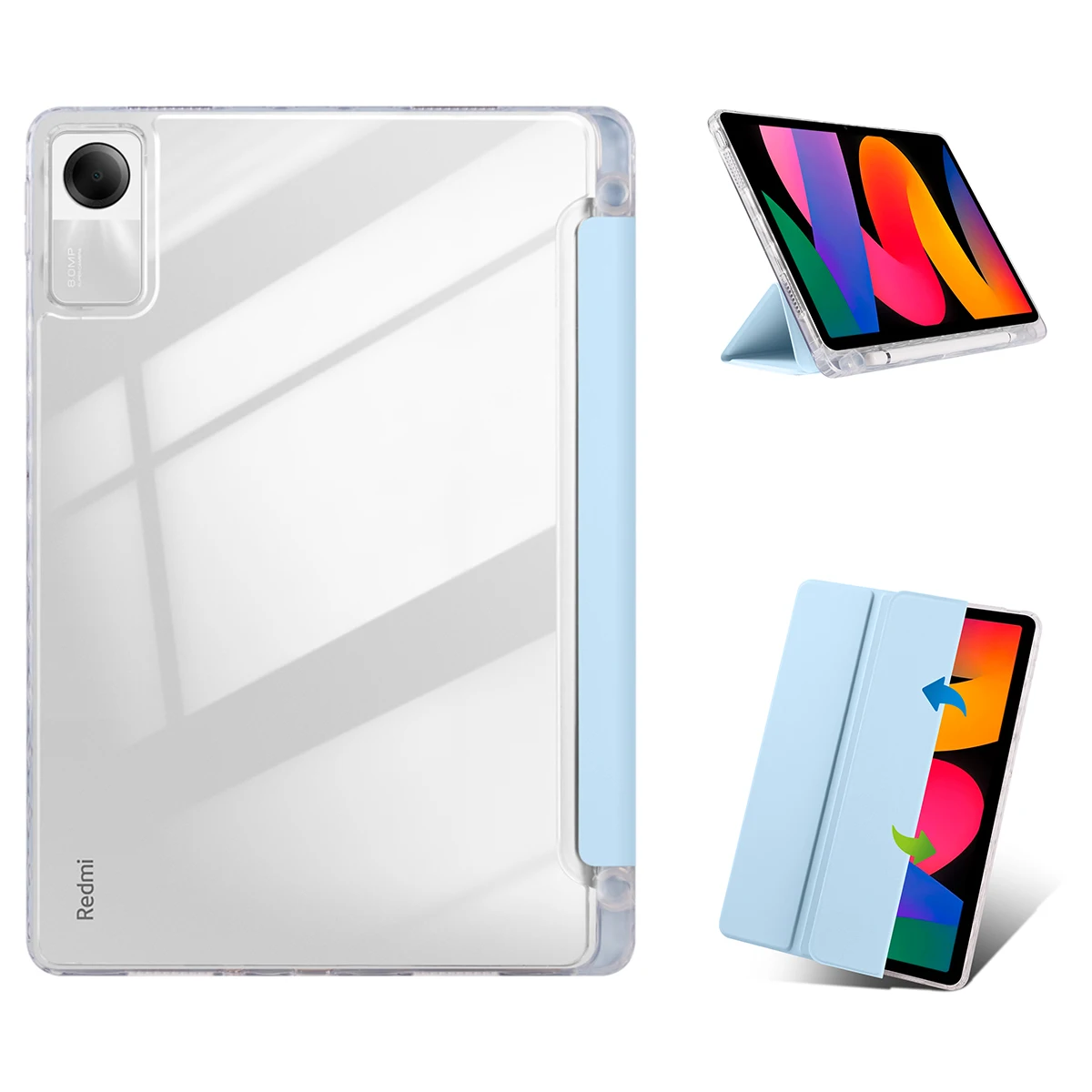 For Xiaomi Redmi Pad SE Case Tri-Fold Stand Leather+TPU+Acrylic Clear Back Tablet Cover - Baby Blue