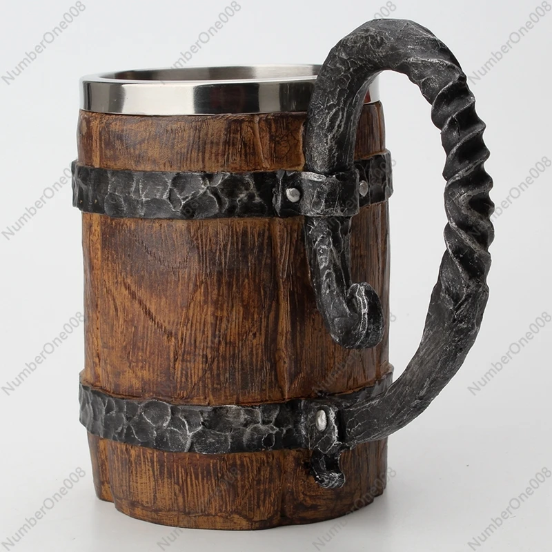 Bar Beer Cup Simulation Wood Cup Stainless Steel Liner Mug Large Handle Log Modeling Water Cup