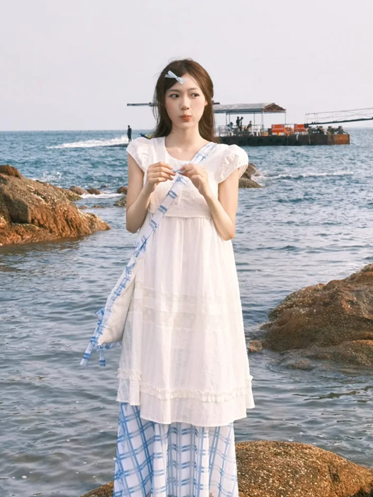 

Ele White Dr Women's Summer Vaion Coastline Small Size Long Dr Faionable Commute Sle Полиэстер ort Sve