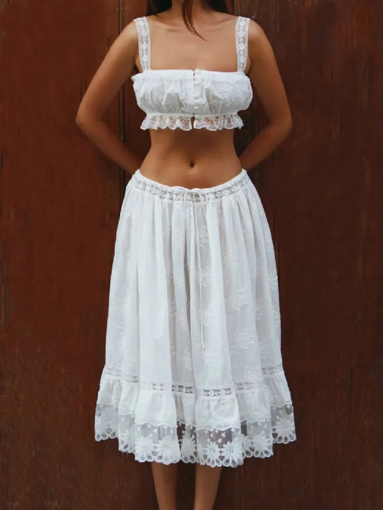2 Pieces 1 Set BOHO White Spliced Lace Strap Open Buttons Tank Top + Drawstring Rope Lacing Up Waist Embroidery Swing Long Skirt