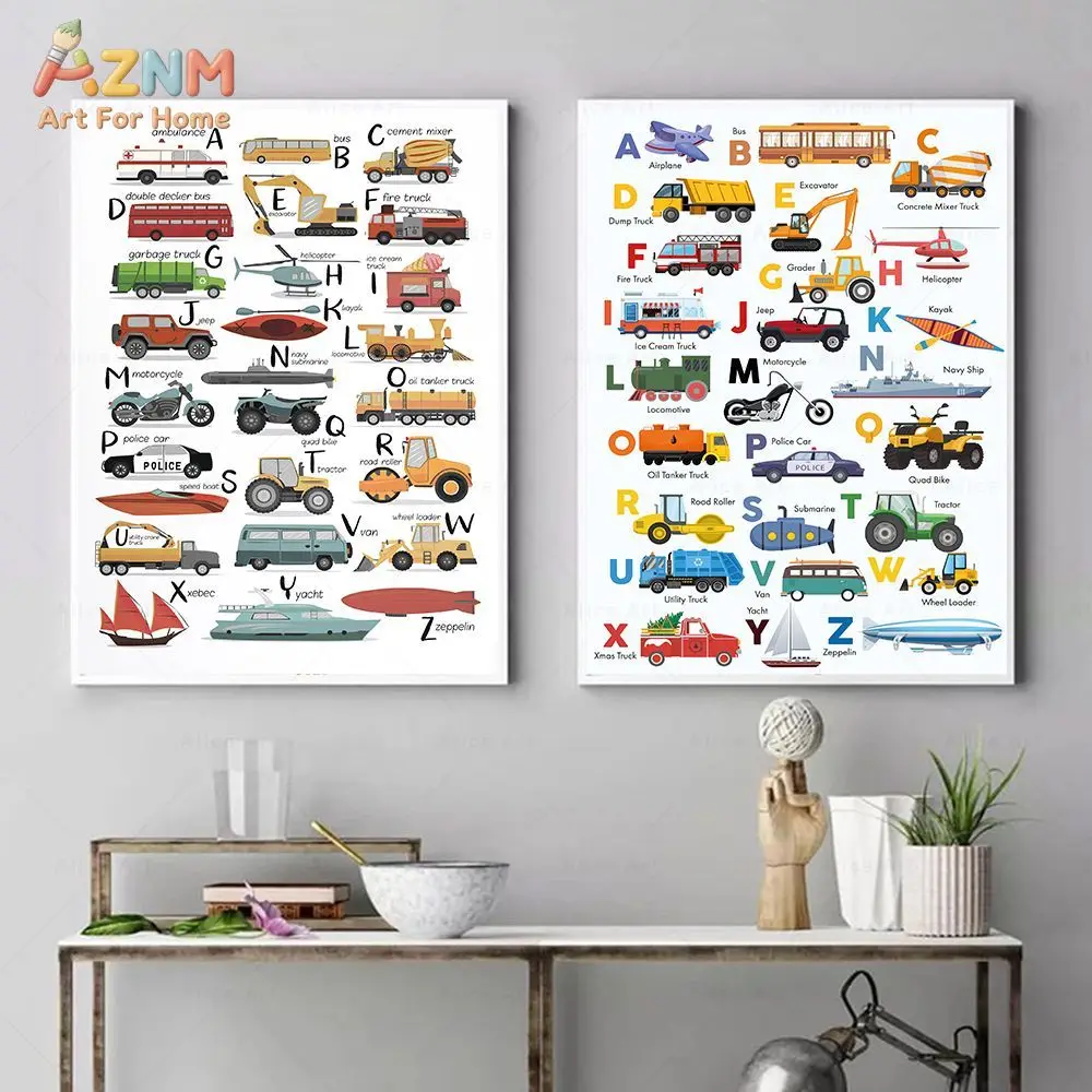 AZNM Kids Alphabet Vehicle Canvas Wall Art Cartoon Transport ABC Educational Print Frameless Canvas Painting Playroom Nursery Ho