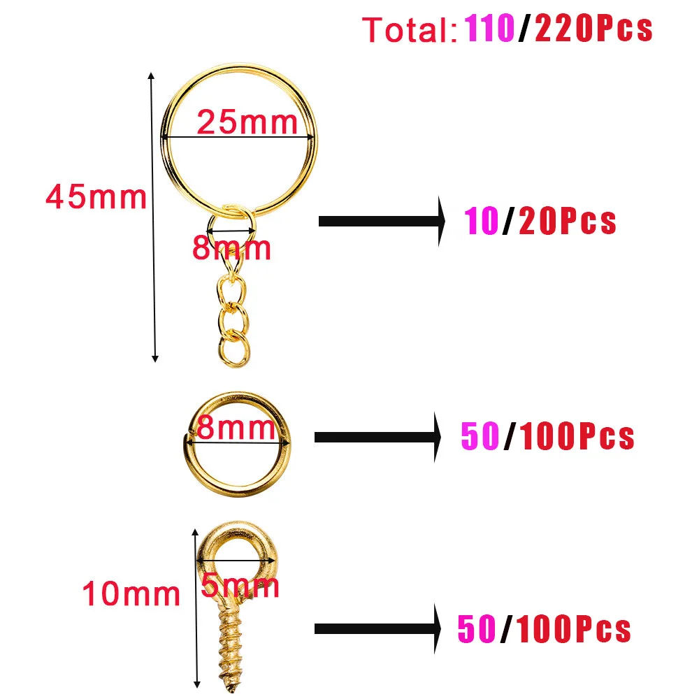 Anéis de Salto Aberto Kits para Fazer Jóias, Eye Pins, Acessórios DIY, Resina Epóxi Chaveiro, Pingentes, Chaveiros, 110 PCs, 220PCs