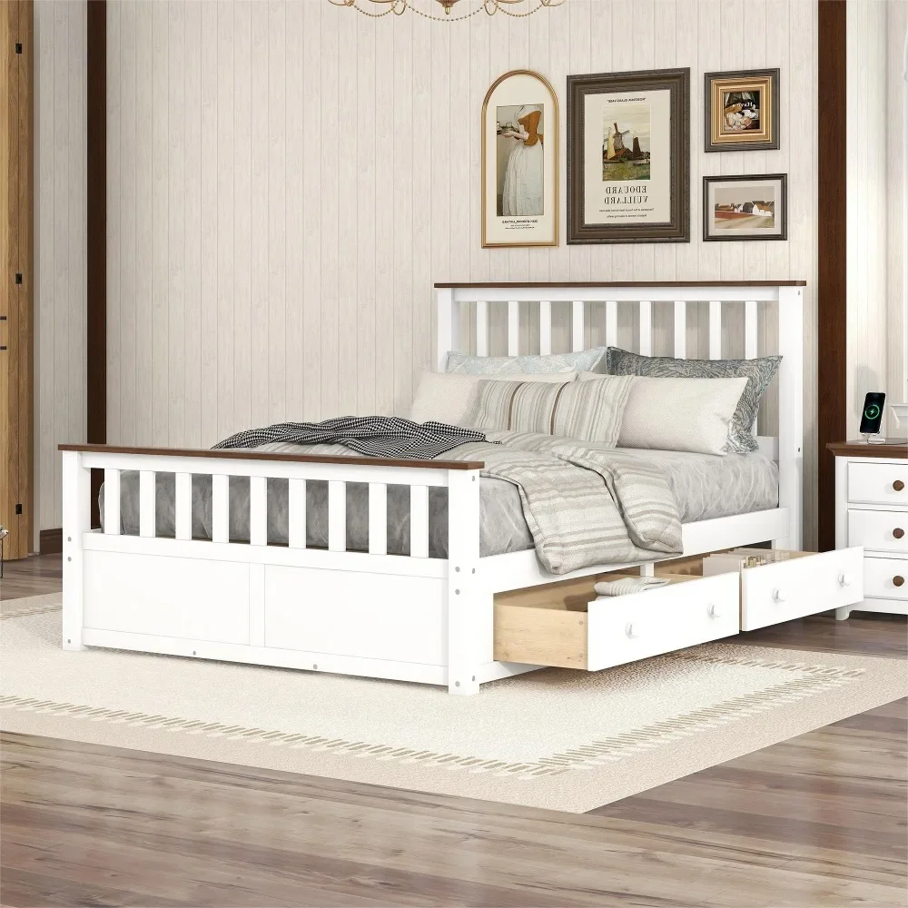 Full Size Wood Platform Bed with Two Drawers and Wooden Slat Support,Solid Construction Space saving Stability