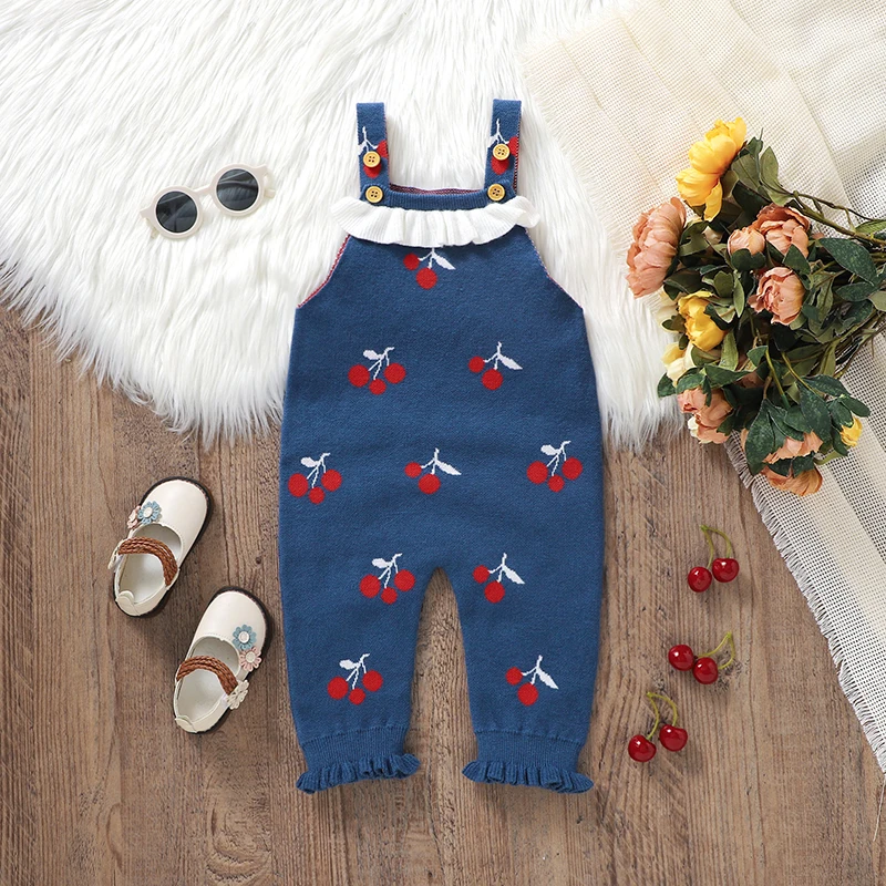 Baby Romper Knitted Newborn Toddler Clothes Cute  Cherry 0-18M Overalls Playsuit Infant Girl Jumpsuit Sleeveless Fashion Ruffles