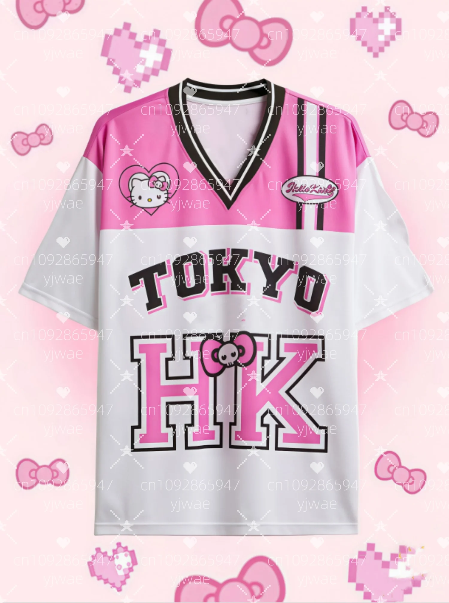 Camiseta de manga corta con cuello en V y estampado de TOKYO KITTY para mujer, camiseta de verano, camisetas de béisbol, Camiseta deportiva de gran tamaño a rayas