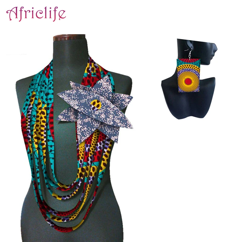 

African Multi-strand Necklaces One Pair Drop Earrings in Wax Rectangle Wedding Flowers Ankara Fabrics on 2 Sides Jewellery Sets