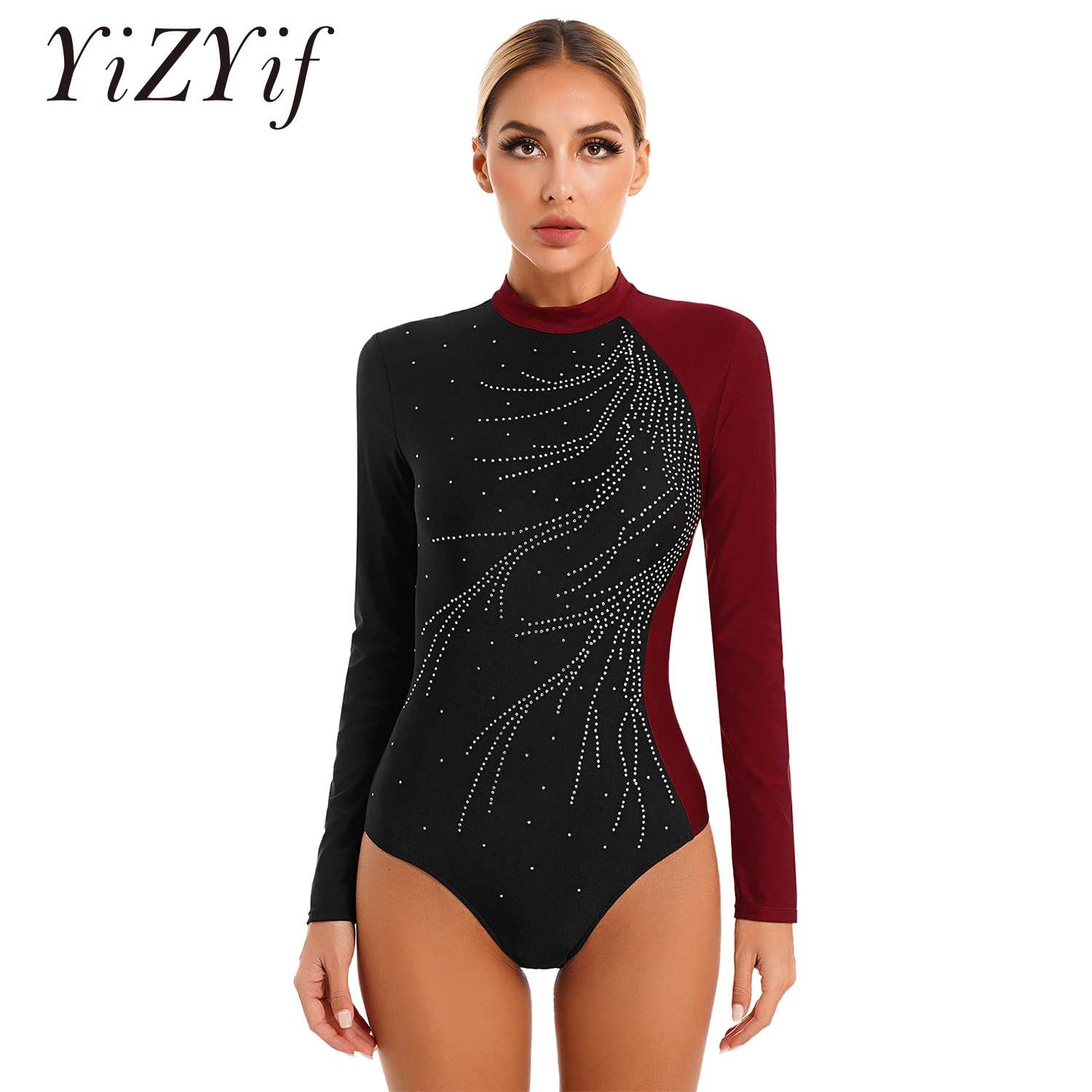 Women Figure Ice Skating Leotard Rhinestones Long Sleeve Mesh Gymnastics Acrobatics Ballet Dance Jumpsuit Competition Bodysuit