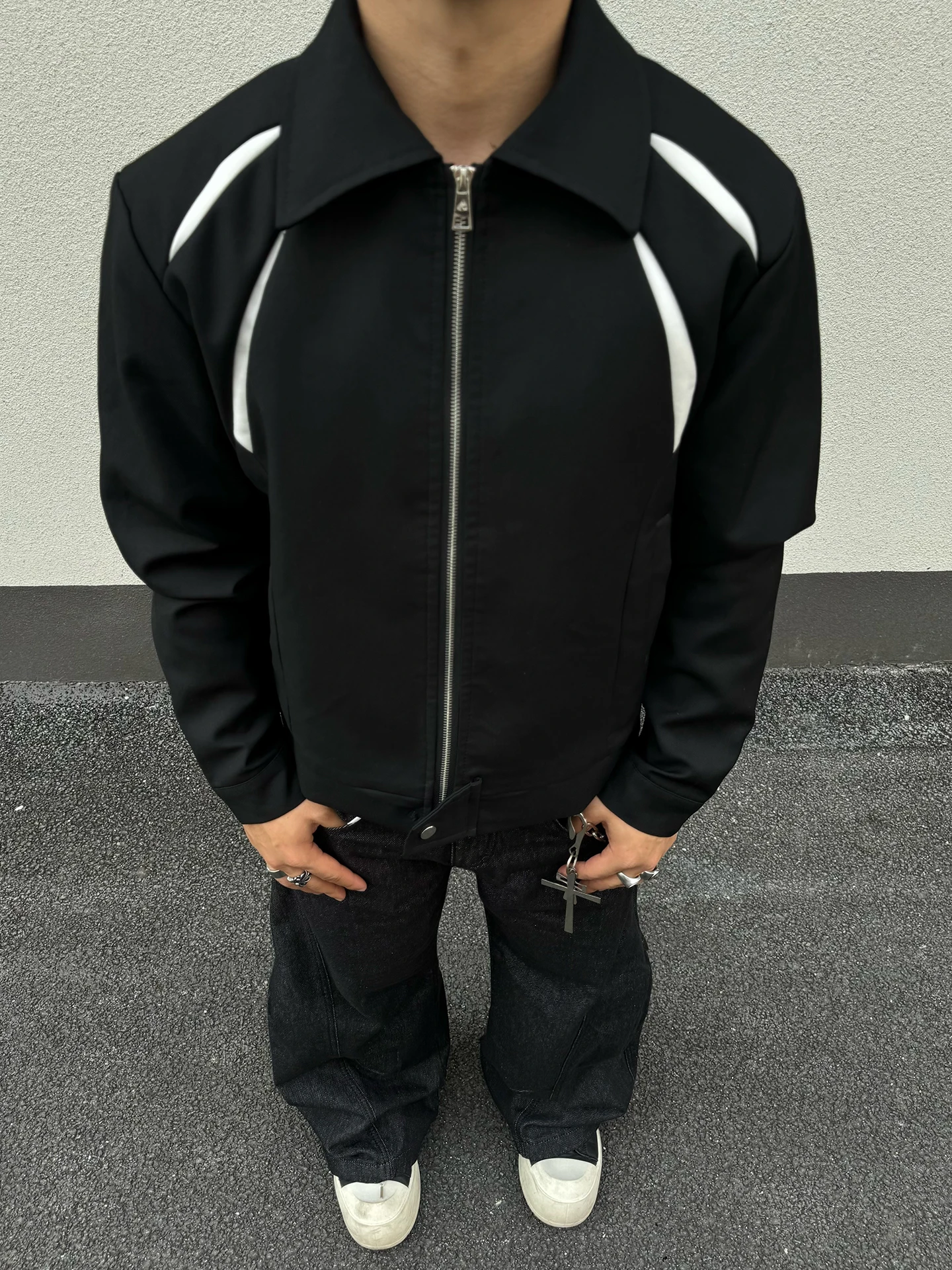 

CleanFit American Retro Color Blo ort Jaet Men's Faion oulder Design Simple Collar Zipper Closure Polyester Jaet