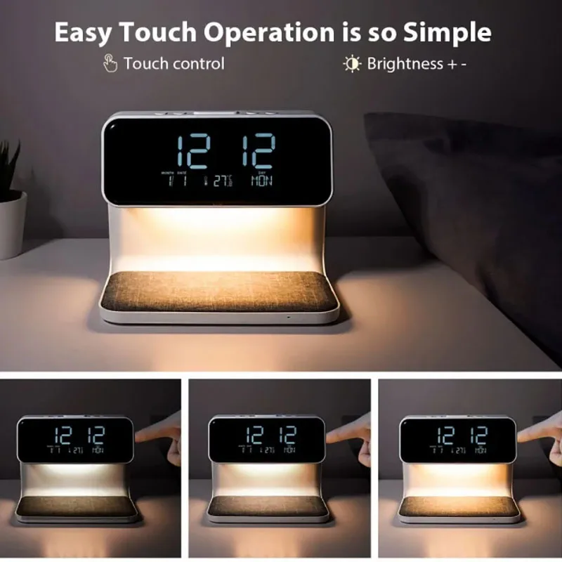 多機能USB目覚まし時計,温度計,液晶画面,ナイトライト,ベッドルーム,タッチデスクランプ,10W充電,3 in 1