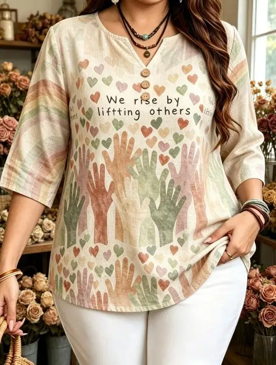 6 Colors Inspirational Quote Blouses Rainbow Hand & Heart Print Split V Neck 3 Buttons 3/4 Sleeve Cotton Women Shirts