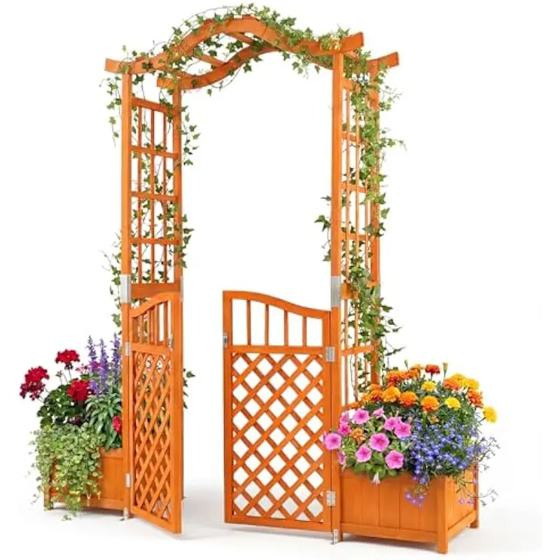 Rustic Yellow Fir Wood Garden Arch with Latched Double Doors 73 Inch Wide 83 Inch Tall Two Drainage Equipped Planter Boxes Side