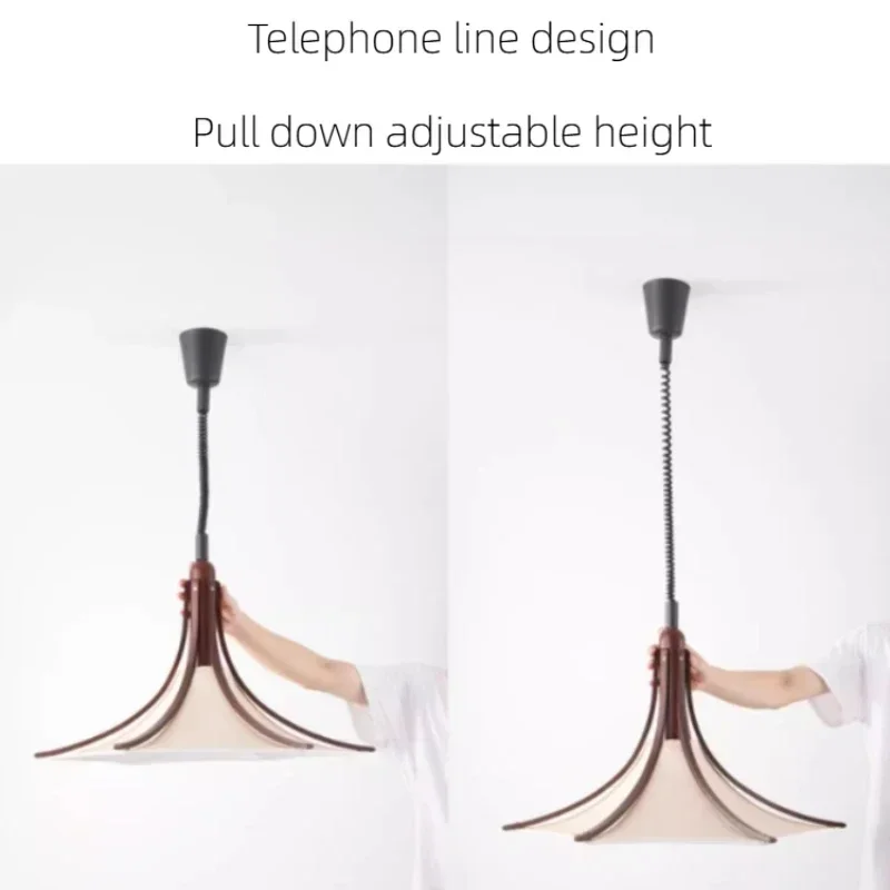 SANDYHA Retro Lifting Pendant Light Solid Wood Fabric Chandeliers LED Hanging Lamp For Living Room Dining Table Home Decoration