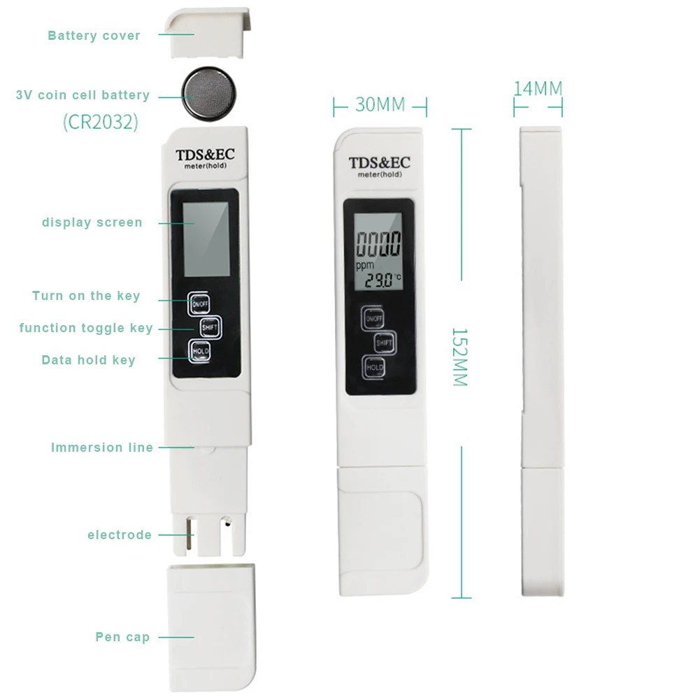 Pool Testing Water Quality Tester 152*30mm 1PC ABS Blue Digital LCD Fish Pond Leather Case Temp Test Meter Pen