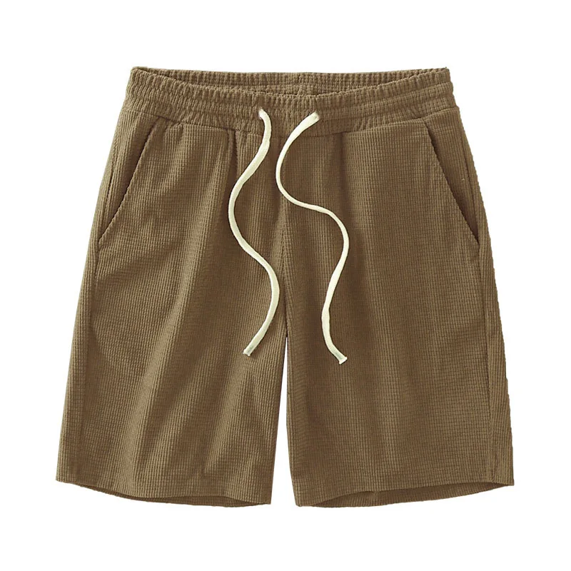 Männer Shorts Einfarbig Mittlere Taille Sommer Bewegung Waffel Textur Tiefem Schritt Kordelzug Männliche Shorts Lose Knie Länge Casual Kurze – Detail 9