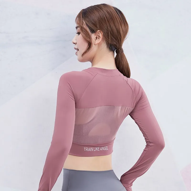 Women Slim Sport Long Sleeves Sexy Translucent Back Mesh Breathable Yoga Shirts Workout Running Tees Quick Dry Fitness Gym Tops