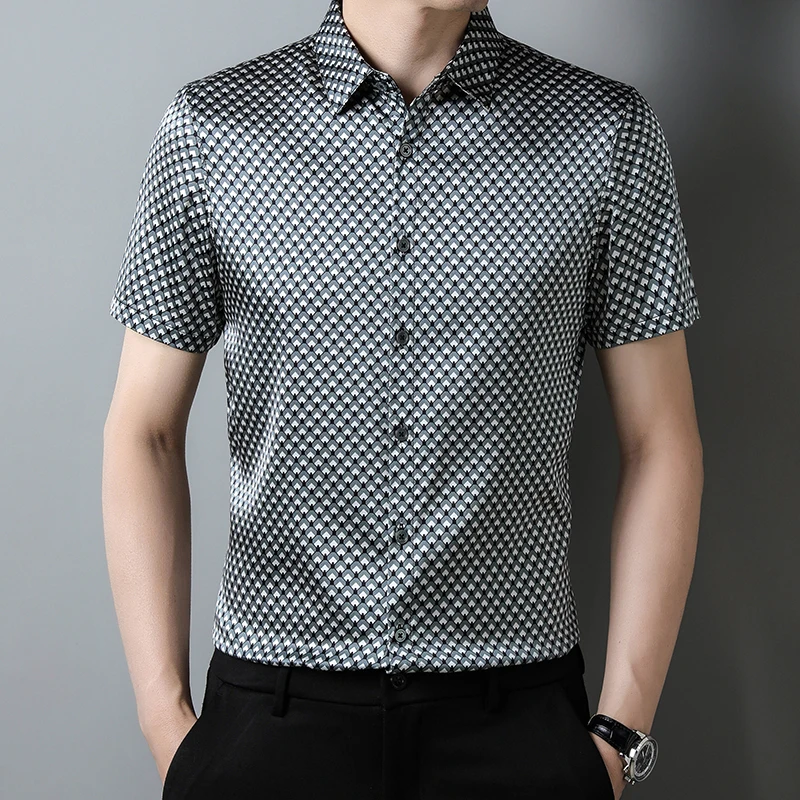 Business Casual Premium Real Silk Men Shirt Short Sleeve Fashion Summer Quality Soft Comfortable Gentleman Classic Chemise Homme