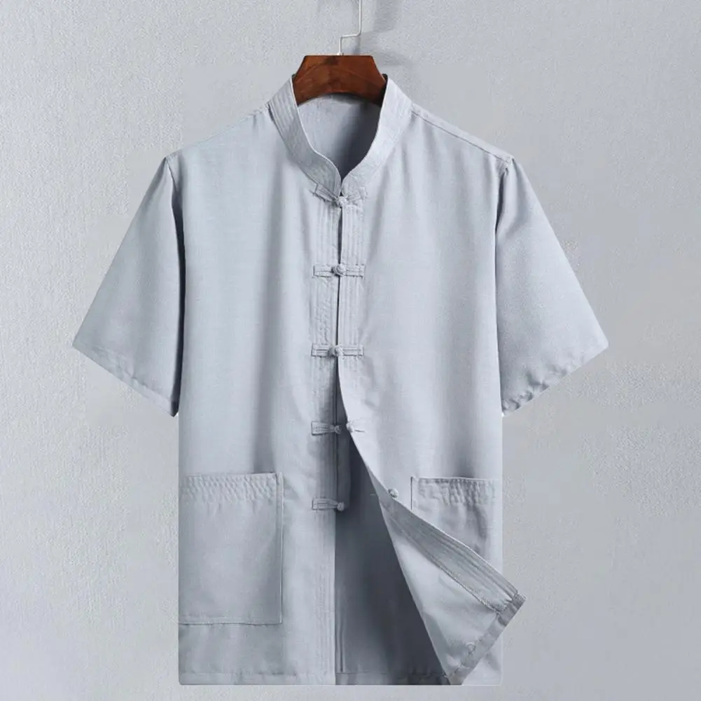 Father Summer Top Short Sleeve Buckle Chinese Style Stand Collar Single-breasted Chinese Wear Tai Chi Clothing Male Clothes