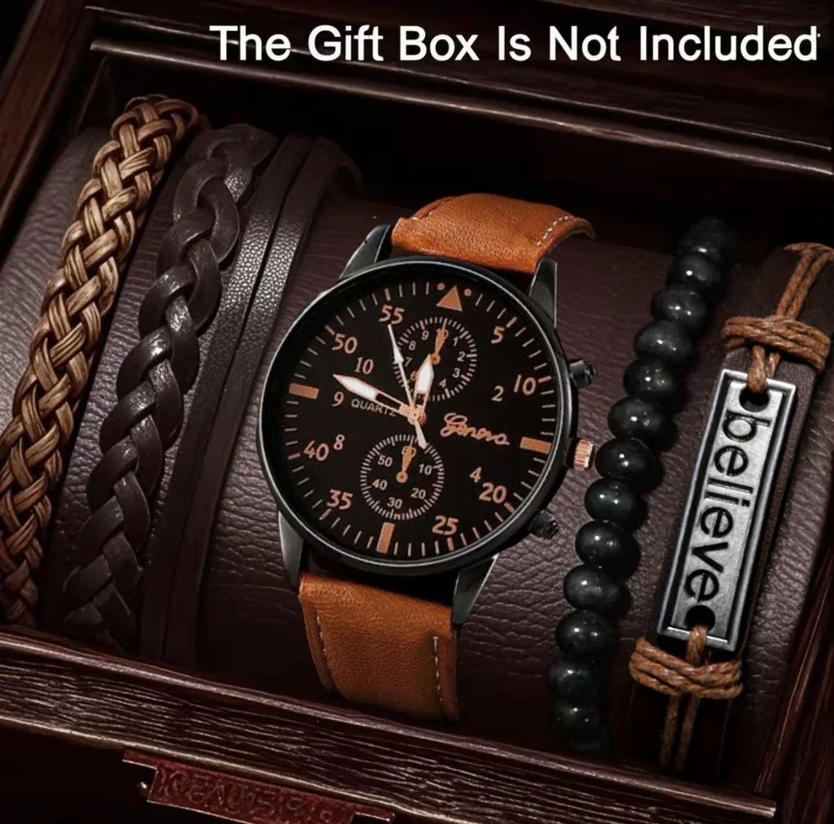 5pc Men's Set: 1pc Men's Watch+4pc Fashion Accessories, Handsome Dial, Texture Strap, Great Choice for Daily Wearing