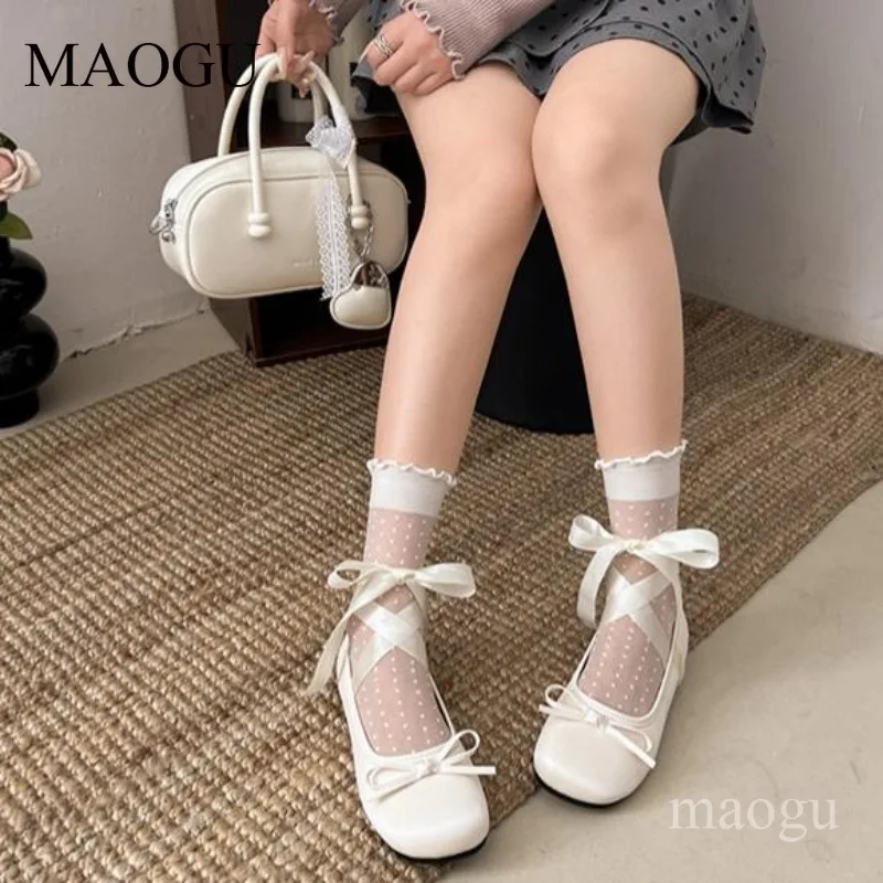Satin Mary Jane Ballet Flats Ribbon Bow Ankle Wrap Strap Lightweight French Flat Shoes Elegant Dress Loafers Балетки Женские