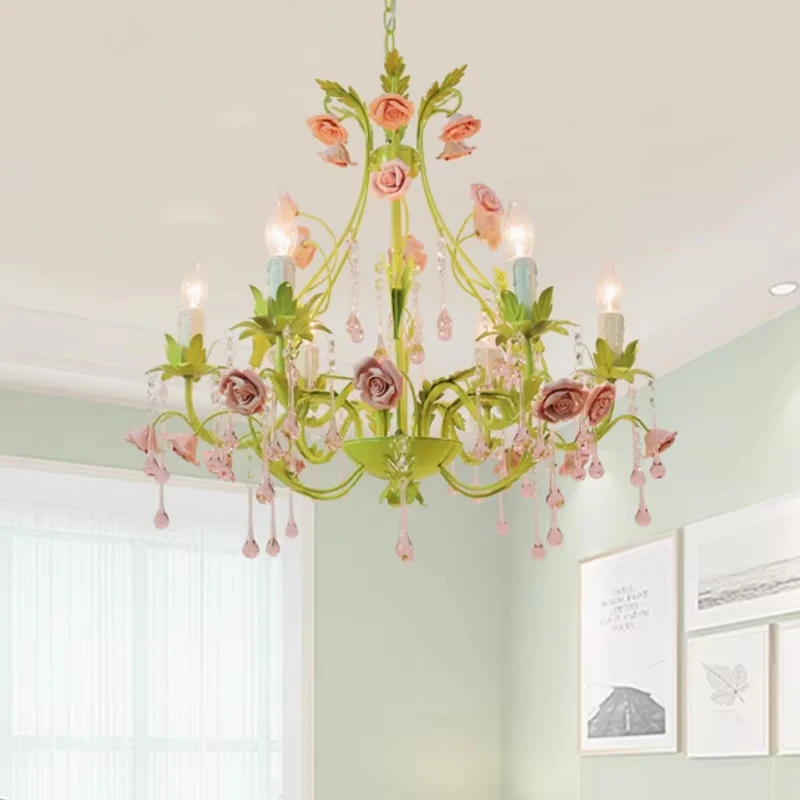 

Green Ceramic Flower Chandelier Korean Style Living Room Dining Iron Grass Pendant Light Fixtures Bedroom Crystal Hanging Lamps