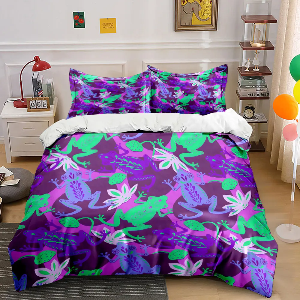 Frogs and Tropical Plants Pattern Bedding Set for Kids Luxury Gift 3pcs Digital Print Comforter Set Soft Comfortable Breathable