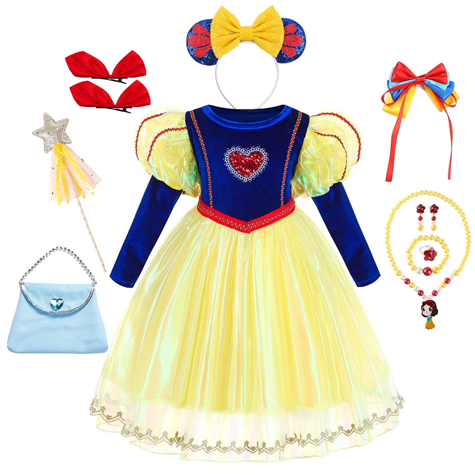 Snow White Dress Princess Cosplay Costume Cute Heart Applique Long Sleeve Tulle Frock Luxury Velvet Birthday Gown Clothes