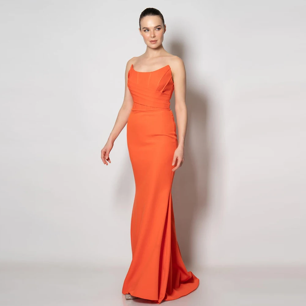 

Orange Straight Floor Length Strapless Jersey Sleeveless Evening Dress Woman Classic Pleats Saudi Arabia Open Back Prom Grows