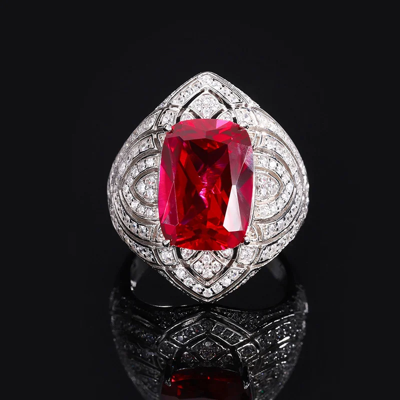 Luxury brand genuine real jewels S925 full-body silver imitation pigeon blood red treasure fat square pendant suit main stone 12