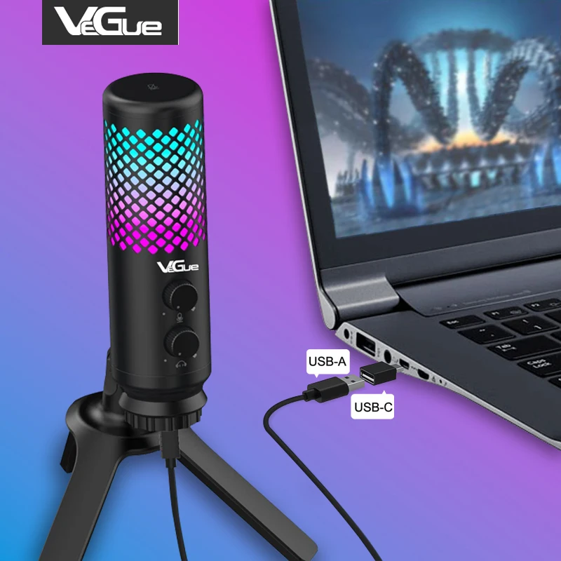 

Vegue Desktop Condenser Metal Microphone Set Wireed Mic For Singing Gaming Live Streaming Led Light Tripod Stand