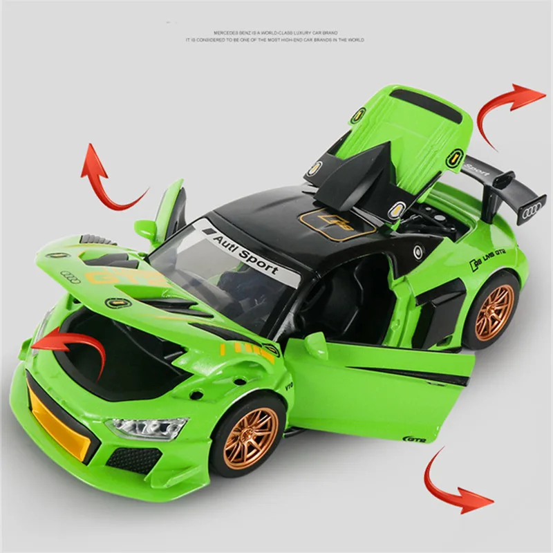 1:24 AUDI R8 GT2 Alloy Track Racing Car Model Diecast Metal Toy Sports Car Vehicles Model Simulation Sound Light Childrens Gifts