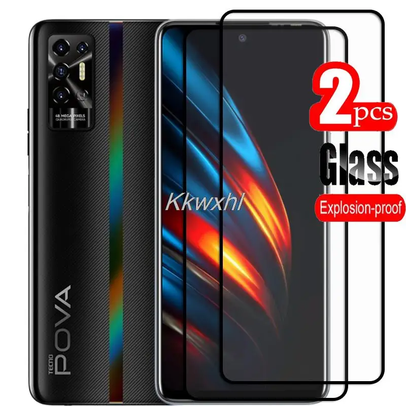 2PCS For Tecno Pova 2 Screen Protector Case Full Glue Tempered Glass Protective Cover On TecnoPova2 LE7 Pova2