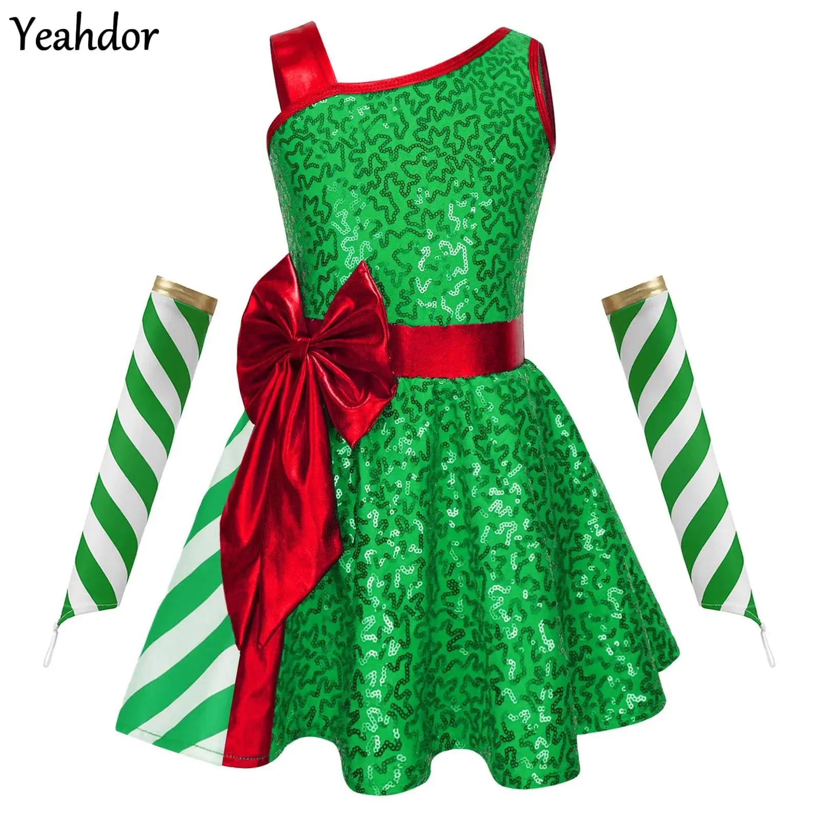 

Girls Candy Cane Christmas Dance Costume Xmas Santa Clause Leotard Jumpsuit Sequin Bowknot Striped Ballet Tutu Dress Oversleeves