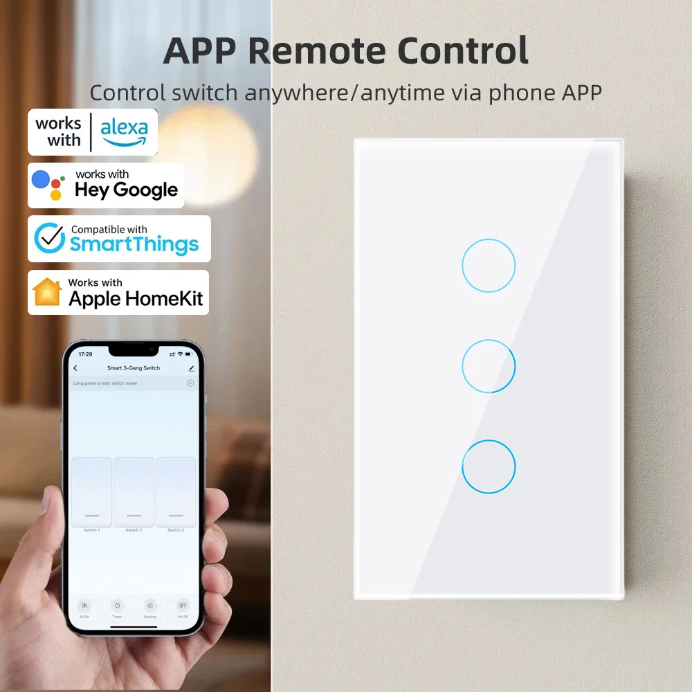 Matter WiFi Smart Light Touch Wall Switch 2-way Control With/No Neutral Wire Support Siri Homekit SmartThings Alexa Google Home