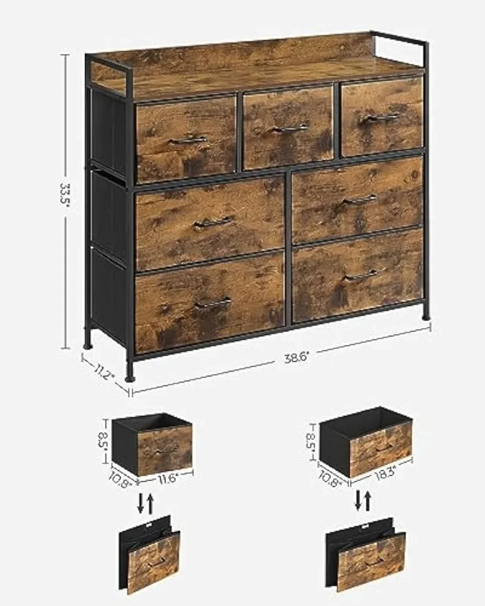 Dresser for Bedroom, Chest of Drawers, 7 Fabric Drawers with Handles, Rustic Brown and Black