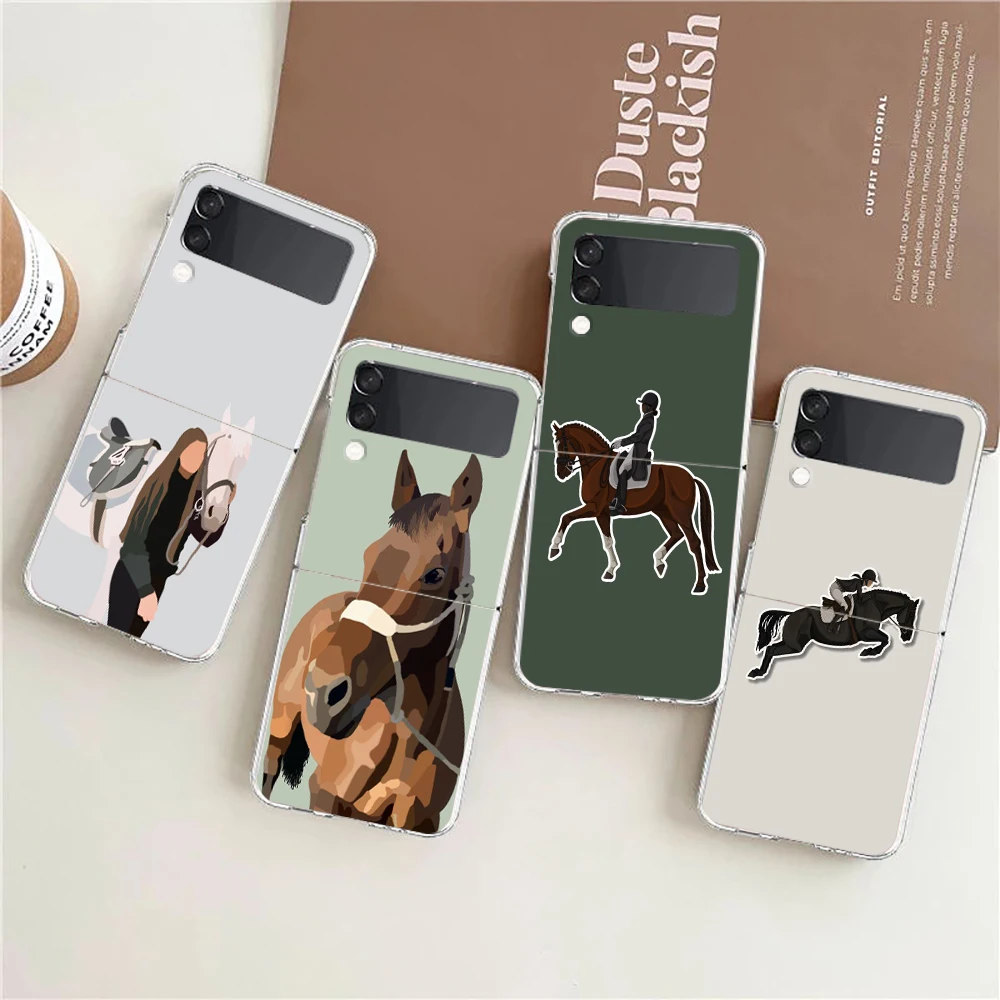 Animal Galloping Horse Girl Drawing Phone Case For Samsung Z Flip 3 4 5 Hard Folding Clear PC Bumper For Samsung Z Flip3 Cover