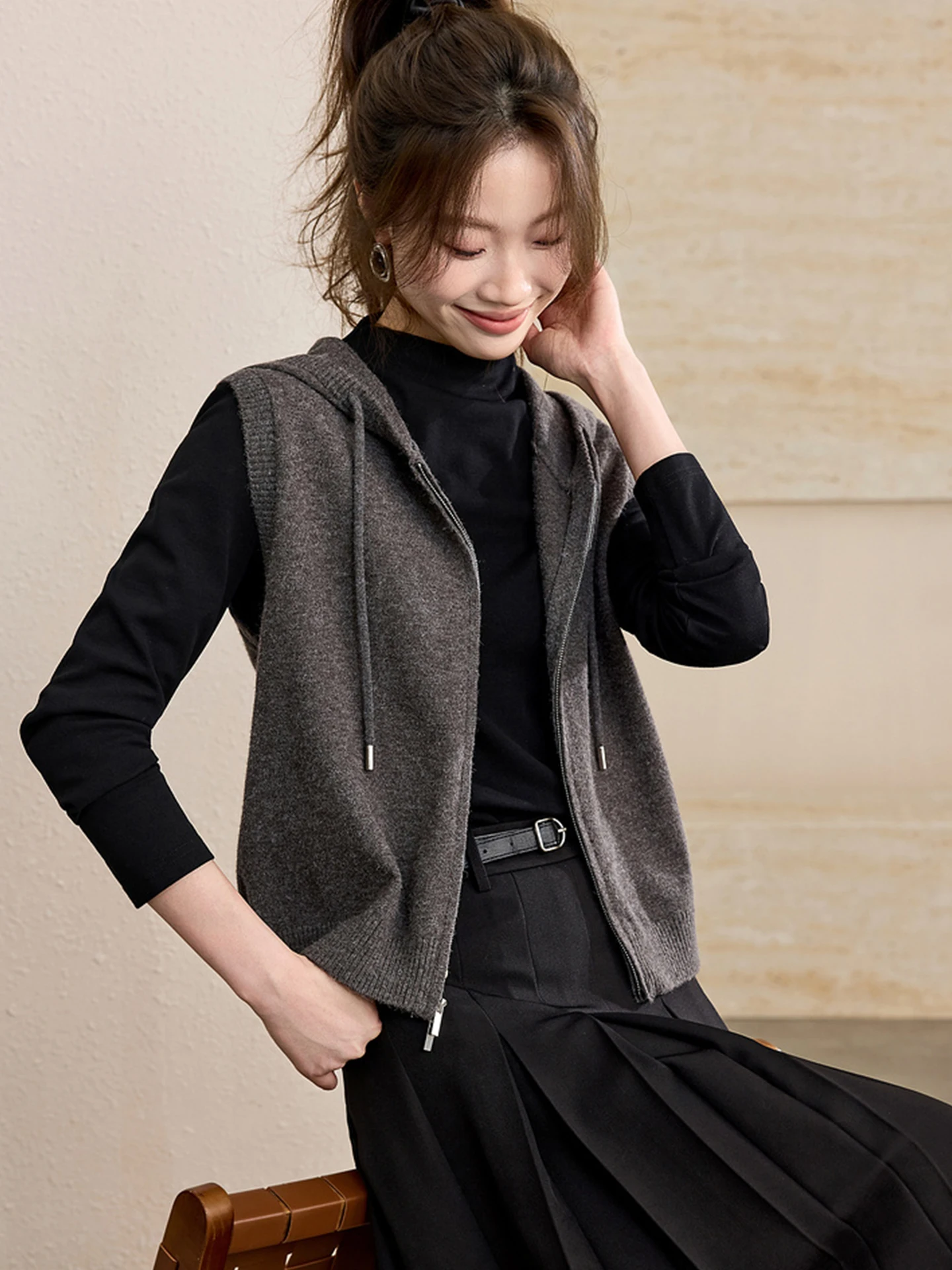 Gilet à capuche avec fermeture éclair colorée, nouveau Cardigan ouvert tricoté Simple, haut superposé, Faion pour femmes, automne 2025