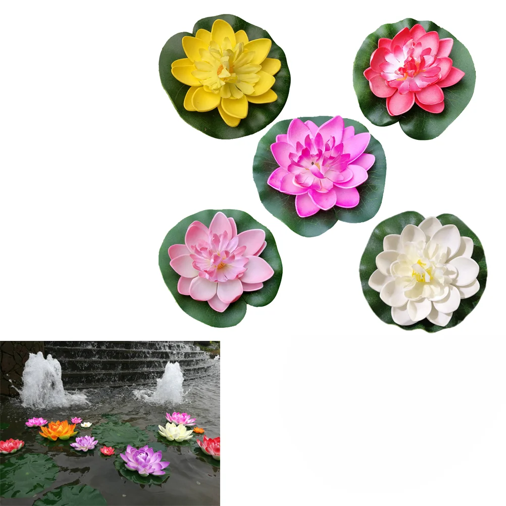 5PCS 10CM Simulation Floating Water Lily EVA Lotus Flower Pond Fish Tank Decor Ornaments (White + Red + Yellow + + Light