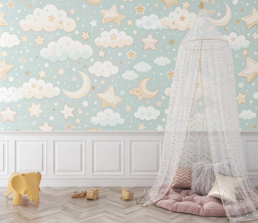 Customized Size 3D Mural Wallpaper Cartoon Cloud Star Moon for Baby Room Kindergarten Children's Room Decor