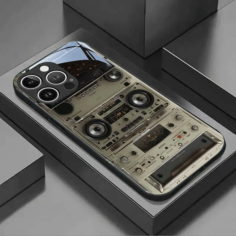 

Retro Magnetic Radio Tape Cassette Pattern Tempered Glass Black Phone Case For Samsung Galaxy S25 S24 S23 Ultra Plus FE Cover