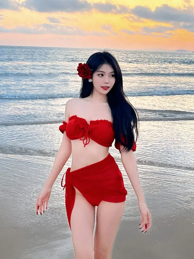 2026 Trendy Red Three Piece Swimsuit Women Sexy Lace Up Bikini Set Floral Beach Cover Up Bathing Suit