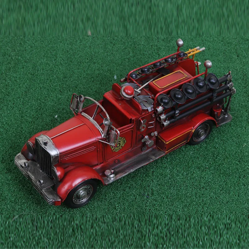 Antique wrought iron retro handmade tin car model 1936 fire truck model metal crafts