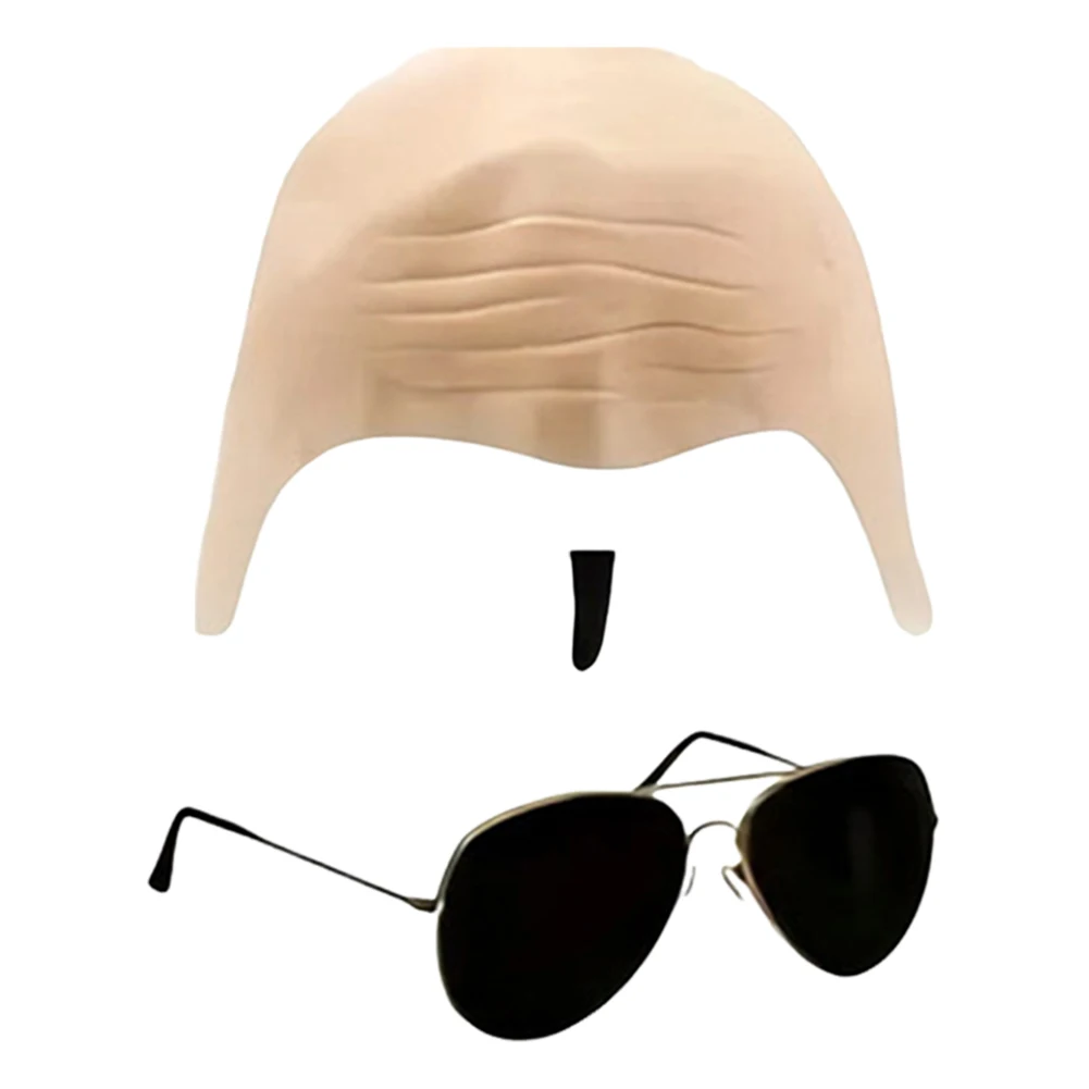 Fake Bald Wig Cap with Glasses Nude Latex Bald Cap with Beard Adults Bald Cap for Stage Play Accessory