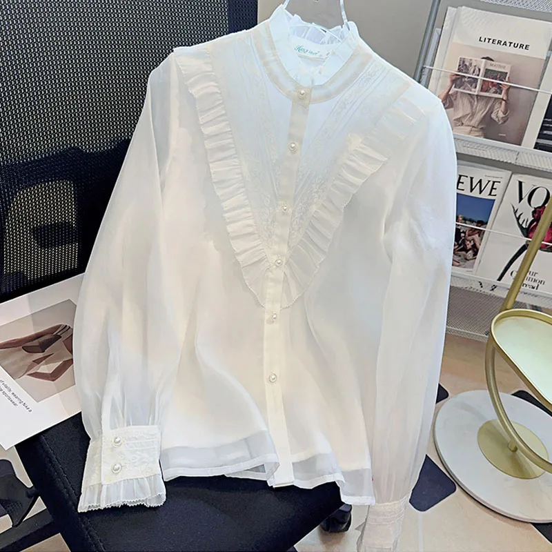 

Женская блузка-рубашка, новая рубашка с длинным рукавом и рюшами на воротнике, белая рубашка с оборками, блузка, женские топы, блузки, рубашки Blusas Para Mujer Q613