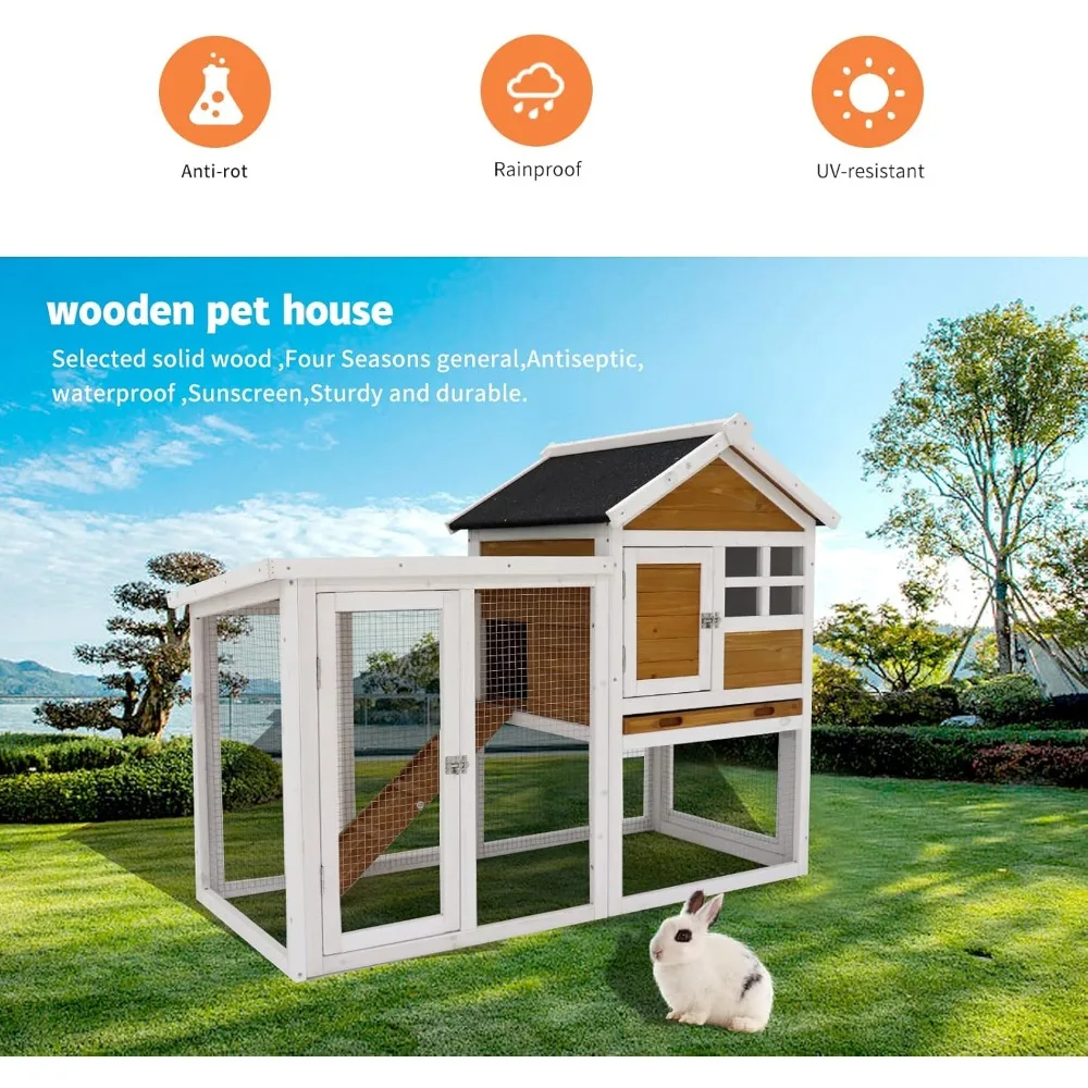 Outdoor Bunny Hutch for Rabbits, Small Chicken Coop, and Solid Wood Asphalt Waterproof Roof of Rabbit House