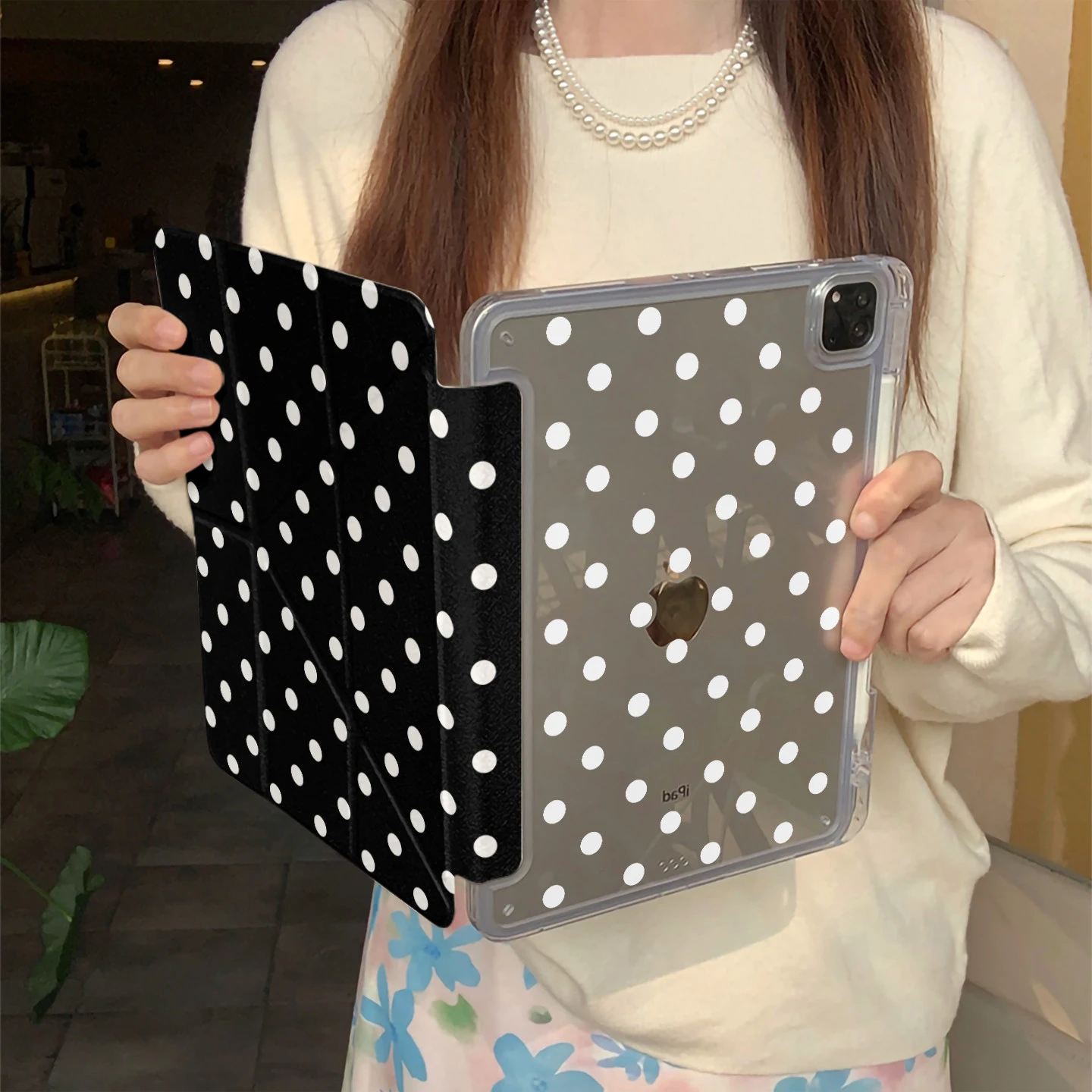 White Polka Dot Black Tablet Case For iPad Pro 11 12.9 13 A16 M2 M4 M3 M5 Shell 10.2 5/6/7/8/9/10/11th Mini Air 3 4 5 6 Cover