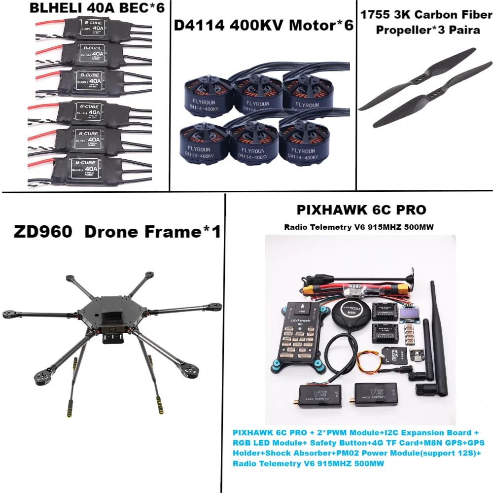 ZD960 PIXHAWK 6C PRO M8N M9N M10 Cadre Hexa-Rotor Entièrement en Fibre de Carbone, BLHELI 40A ESC, Contrôle de Vol, Ensemble de Télémétrie Rado